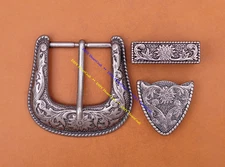 Antique Silver Western Floral Engraved Belt Buckle Set Fits 1 1/2" Wide Straps