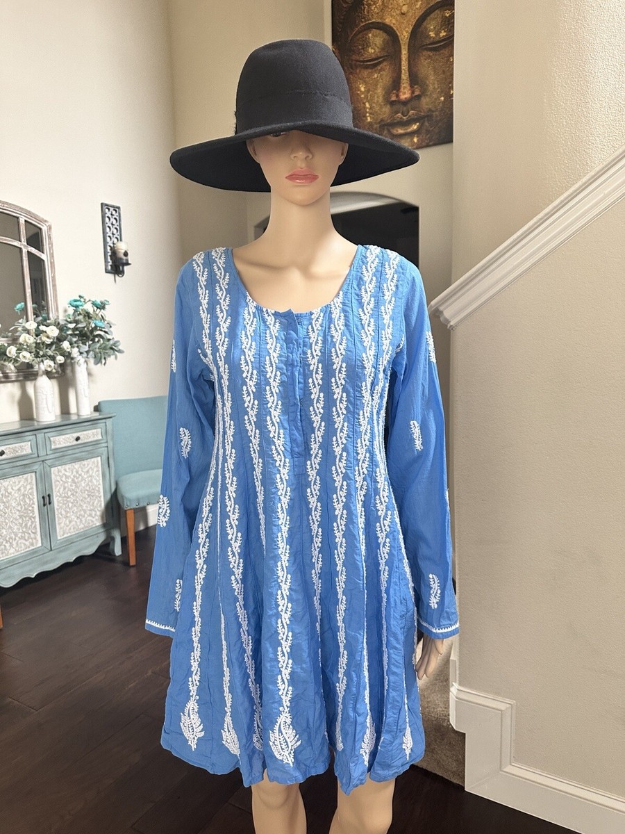 Soft Surroundings Sz. S Long Sleeve Flowy Dress Blue/White Embroidered  Sequin | eBay