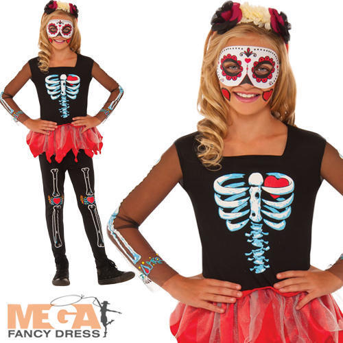 Day of the Dead Skeleton Girls Fancy Dress Sugar Skull Halloween Kids Costume 