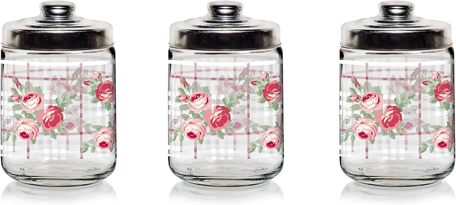 Set 3 Barattoli 800ml Vetro Grandi da Cucina per Sale Zucchero Caffè con Fiori