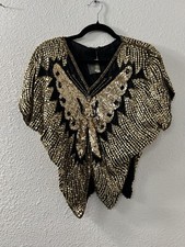 Vintage Womens 70s 100 Silk Sequined Disco Retro Glam Butterfly Party Top Sz M