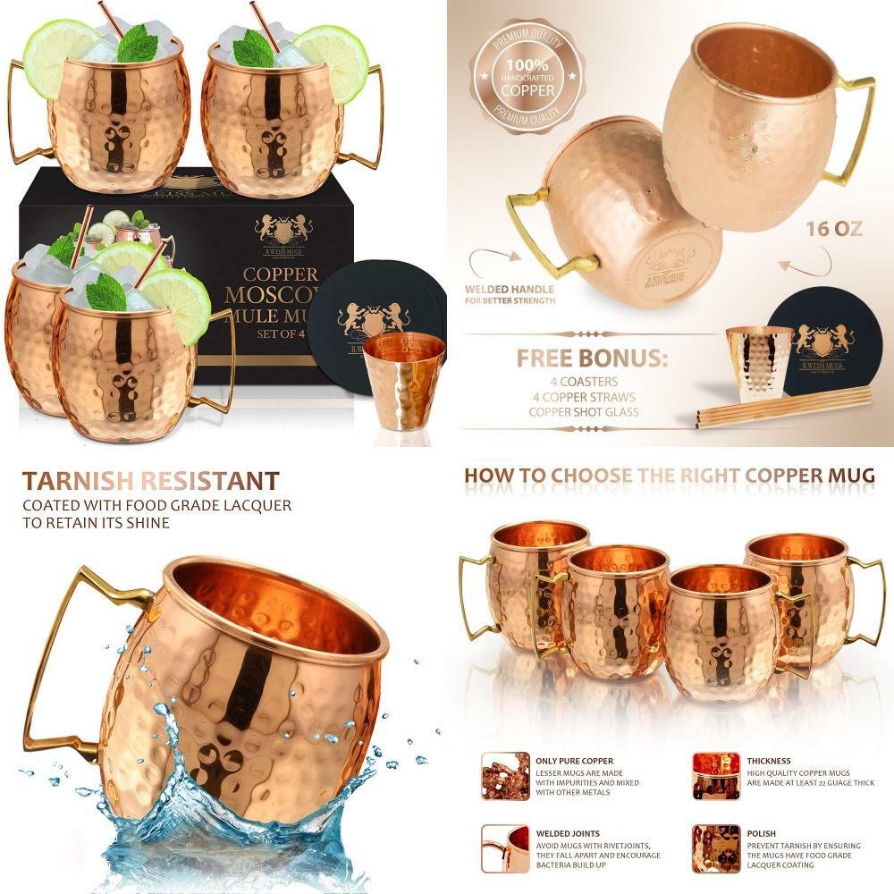 Moscow Mule Copper Mugs Set Of 4 By B.WEISS 100 Pure +Bonus set of 4