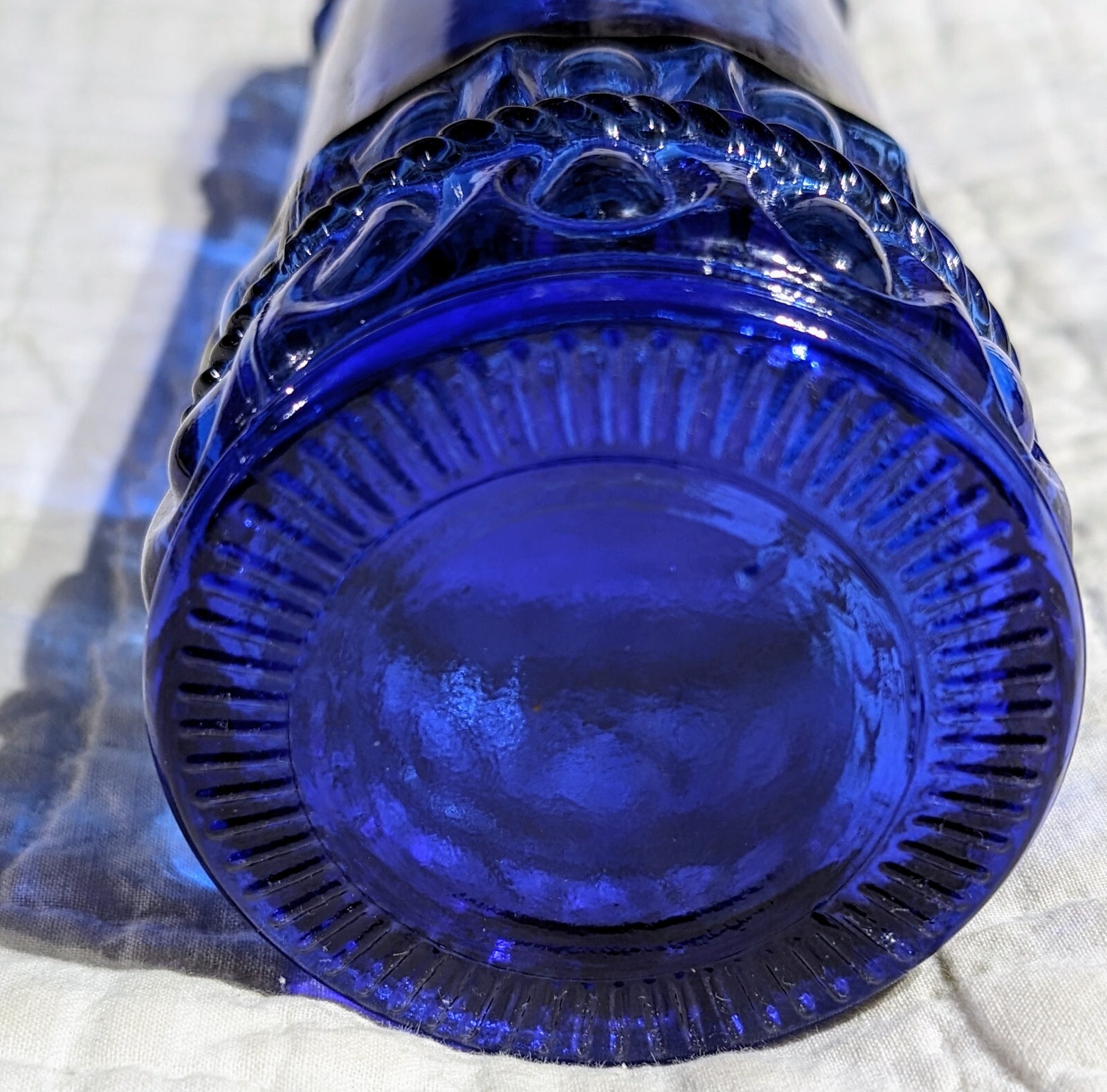 Decorative Blue Glass Bottle Embossed Rope Design Home Decor 12" Collectible Vtg