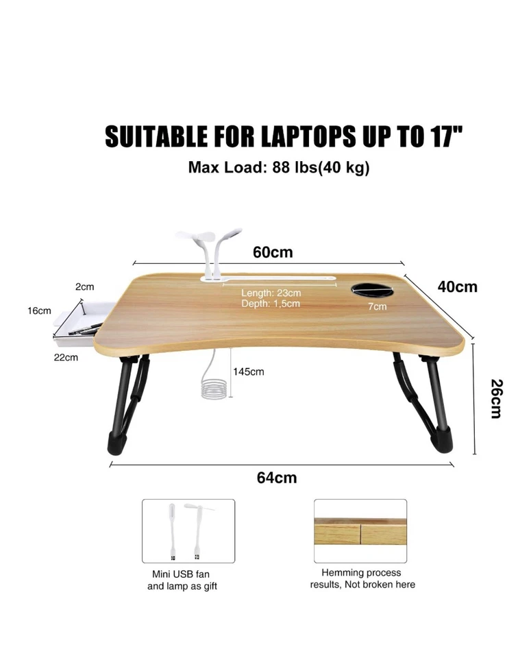 Laptop Desk Stand Foldable W/ Fan And Light IPad Slot Cup Slot 4 USB Ports Beige - Image 3 of 4
