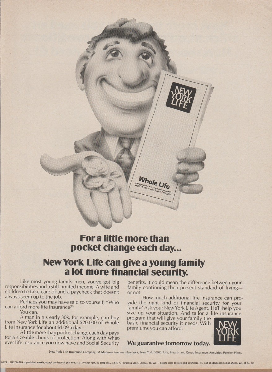 1974 New York Life Insurance Cartoon Art Guy Pocket Change Print Ad - Main Image