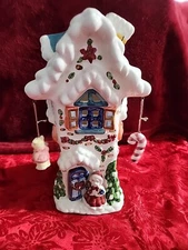 Tea Light Tall Ceramic Christmas House With Hanging Bear & Candy Cane