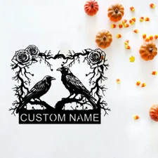 Custom Raven Bird Metal Wall Art Decor,Skull Head Personalized Family Name Sign