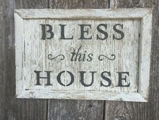 BLESS THIS HOUSE Sign Farmhouse Inspirational Wall Shelf Decor Rustic Wood HP