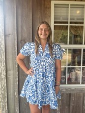 LOVESOFT Blue Flower Print Puff Sleeve Tiered Flowey Mini Dress