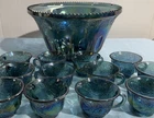 Vintage Indiana Blue Carnival Glass Punch Bowl with 12 Cups set