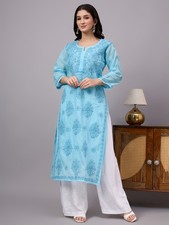 Women's Ethnic Cotton Chikankari Kurti with inner Sky Blue, Hand Embroidered