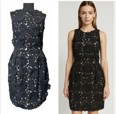 New Nicole Miller Dress Small Black 3D Embroidered Floral Hourglass Pleated Hips