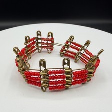 Red Seed Bead Safety Pin Bracelet Brass Tone Punk Folk Art Statement Jewelry