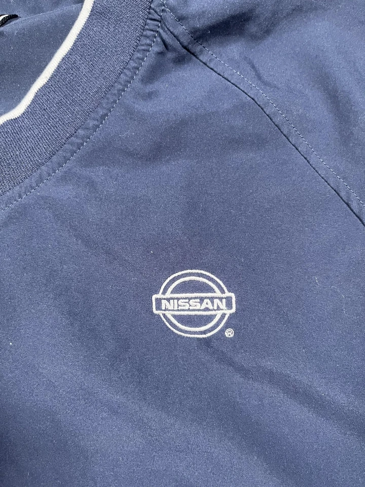 Chaqueta cortavientos Adidas para hombre grande azul a prueba de clima pulóver Nissan NMAC Golf Foto 4 de 4