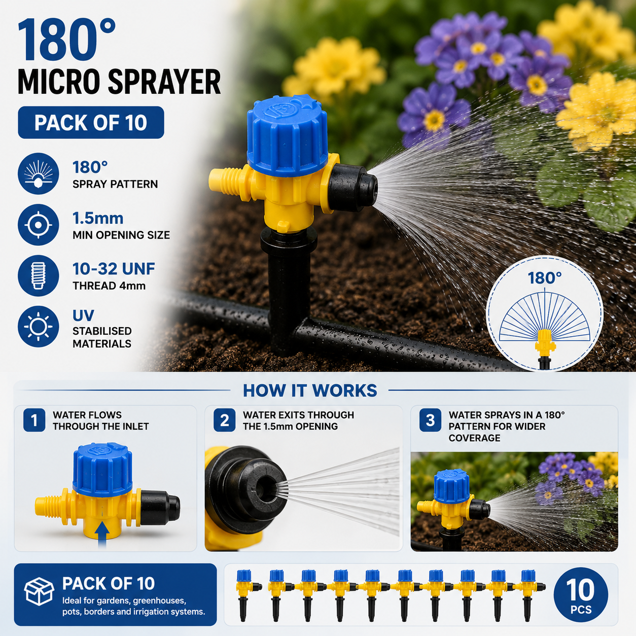 Micro Irrigation Sprayer 180° Pack of 10 for Pots Plants Greenhouse Watering Kit