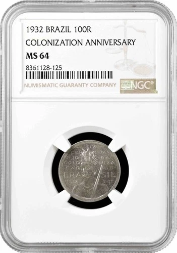 Brazil 100 reis 1932, NGC MS64, "400th Anniversary - Colonization of Brazil"