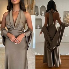 Sexy Gray Evening Dress V-neck Ruffle Ribbon Bow Backless Satin Prom Formal Gown