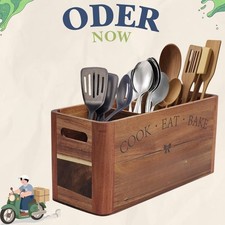 Extra Large 4-Compartment Acacia Wood Utensil Holder Kitchen Countertop Organize