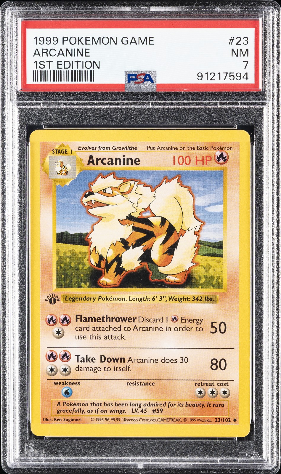 1999 POKEMON BASE SET 1ST EDITION #23 ARCANINE PSA 7