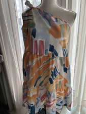 One-Shoulder Orange Abstract Multicolor Tiered Dress Medium Boho Festival