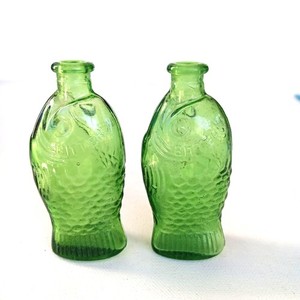 Vintage Fisch's Bitters Green Fish Glass Miniature Bottle 3" Tall Lot of 2