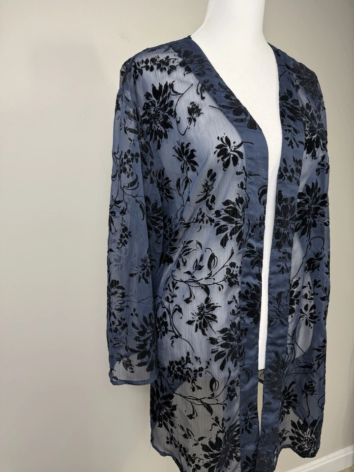 Top Chicos Mujer XL Azul Negro Terciopelo Burnout Abierto Kimono Boho Transparente Cubrimiento Foto 3 de 4