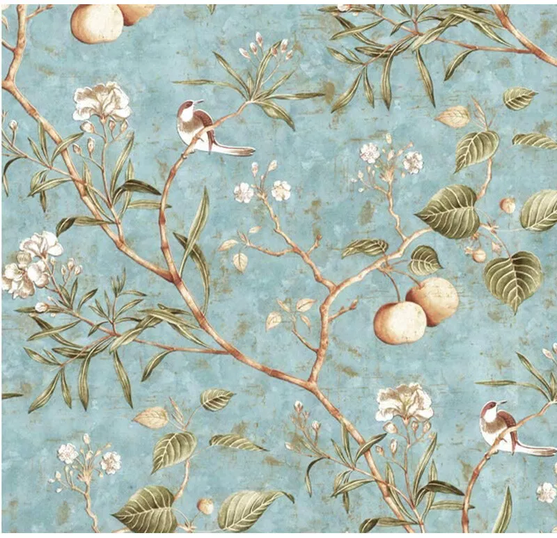 Non-woven Vintage Light Cyan Flower Trees Birds Wallpaper for