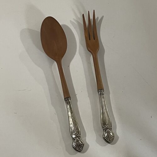 French Wood Salad Royal Family Serving Set Spoon Fork  Sterling Silver Handles - Picture 1 of 8