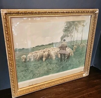 Ornat gold gilt picture frame Antique print Anton Mauve Spring Sheep Herder 1924