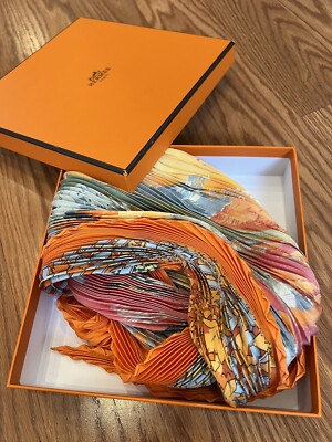 Hermes silk plisse scarf, orange and blue, with box | eBay