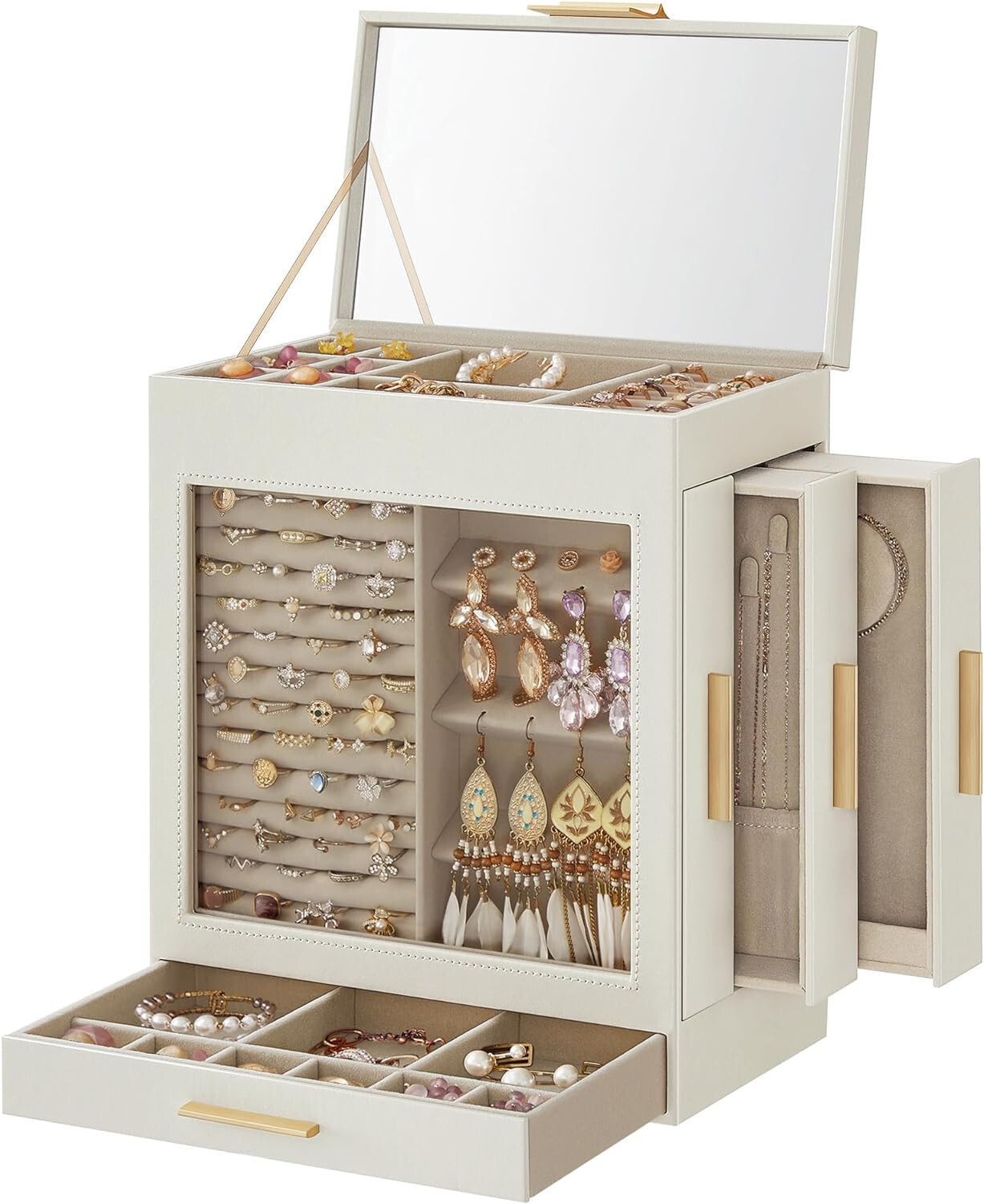 5-Layer Jewelry Organizer Box with Glass Window & 3 Side Drawers-image