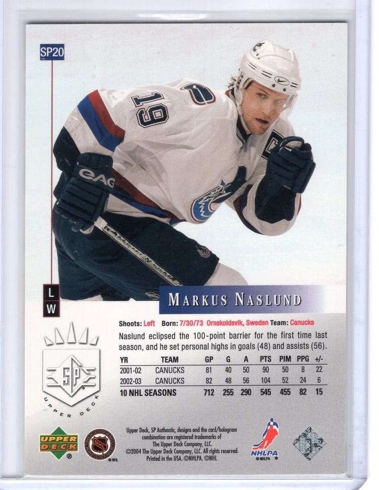 2003-04 SP Authentic 10th Anniversary #SP20 Markus Naslund 170/1994 - Image 2 of 2
