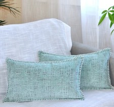 Textured Lumbar Pillow Covers Set of 2 20x12 inch, Turquoise Stitched Edges
