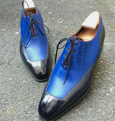 Handmade Men Black and Blue Leather Formal Dress Shoes with laceup closure 