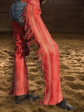Women's Hand Crafted Red Cowgirl Style Suede Leather Chaps Pants Western Wear