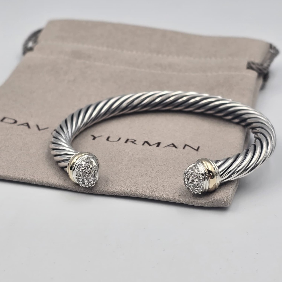 David Sterling Silver 7mm Cable Cuff Diamond Tips & 18k Gold Bracelet