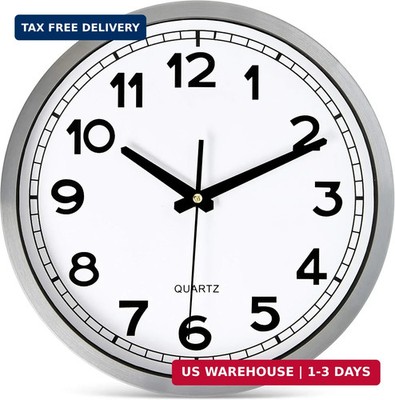 Bernhard Products Wall Clock Silent Non-Ticking Large 12'' Silver Metal Frame Qua