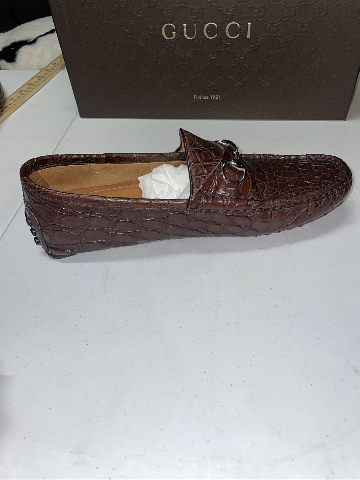 Men 9.5 Gucci Horsebit Brown Crocodile Driver Loafers Used ( See Description) image 9