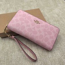 New Coach CW778 Long Zip Around Wallet in Signature Canvas Pink W/Box