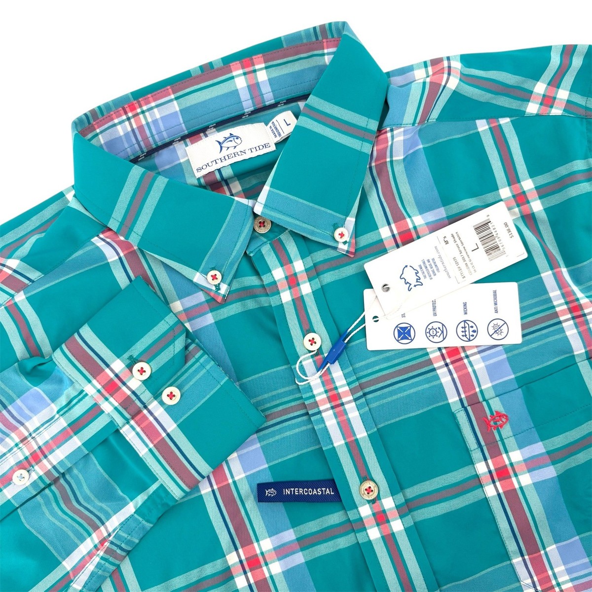 Southern Tide Mens Greenview Sportshirt Spruce Shade Plaid Performance Shirt