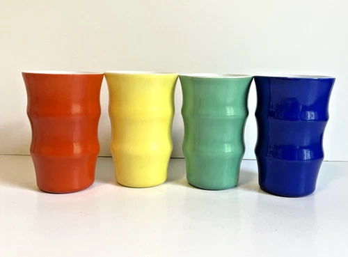 Vintage 40s Hazel Atlas Platonite Milk Glass Gay Carnival Rainbow Ring Tumblers