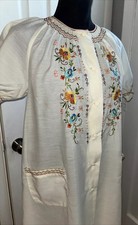 Vtg Lily Cream Cottage Core House Dress Duster, Floral Embroidered, Smocked