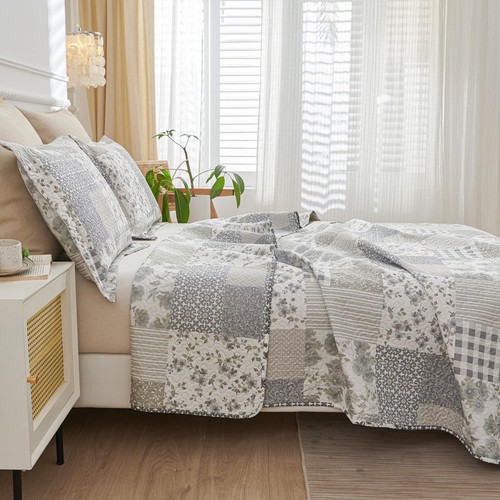 Grey White Floral Plaid Quilt Full/Queen Size Lightweight Patchwork Bedspread... - Picture 4 of 7