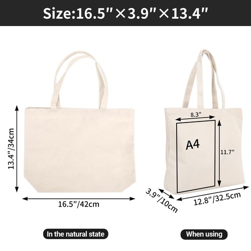 6 Packs Canvas Tote Bag with Zipper, 16x15 inch Reusable Washable Grocery Sho... - Picture 2 of 7