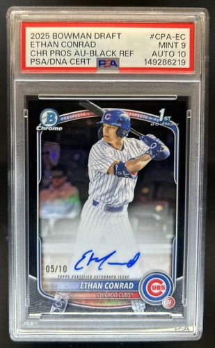 2025 Bowman Draft Ethan Conrad Chrome Auto Black Refractor 1st #/10 Cubs PSA 9