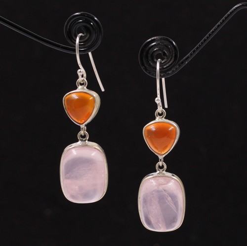 Orecchini Pendenti In Argento 925 Con Quarzo Rosa Cabochon Pera 10x14mm - Eleganti, Fatti A Mano, 3cm Di Lunghezza - 5