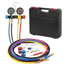 4 Way Mini Split AC Manifold Gauge Set R410a R22 R134a w/ Hoses Quick Adapters