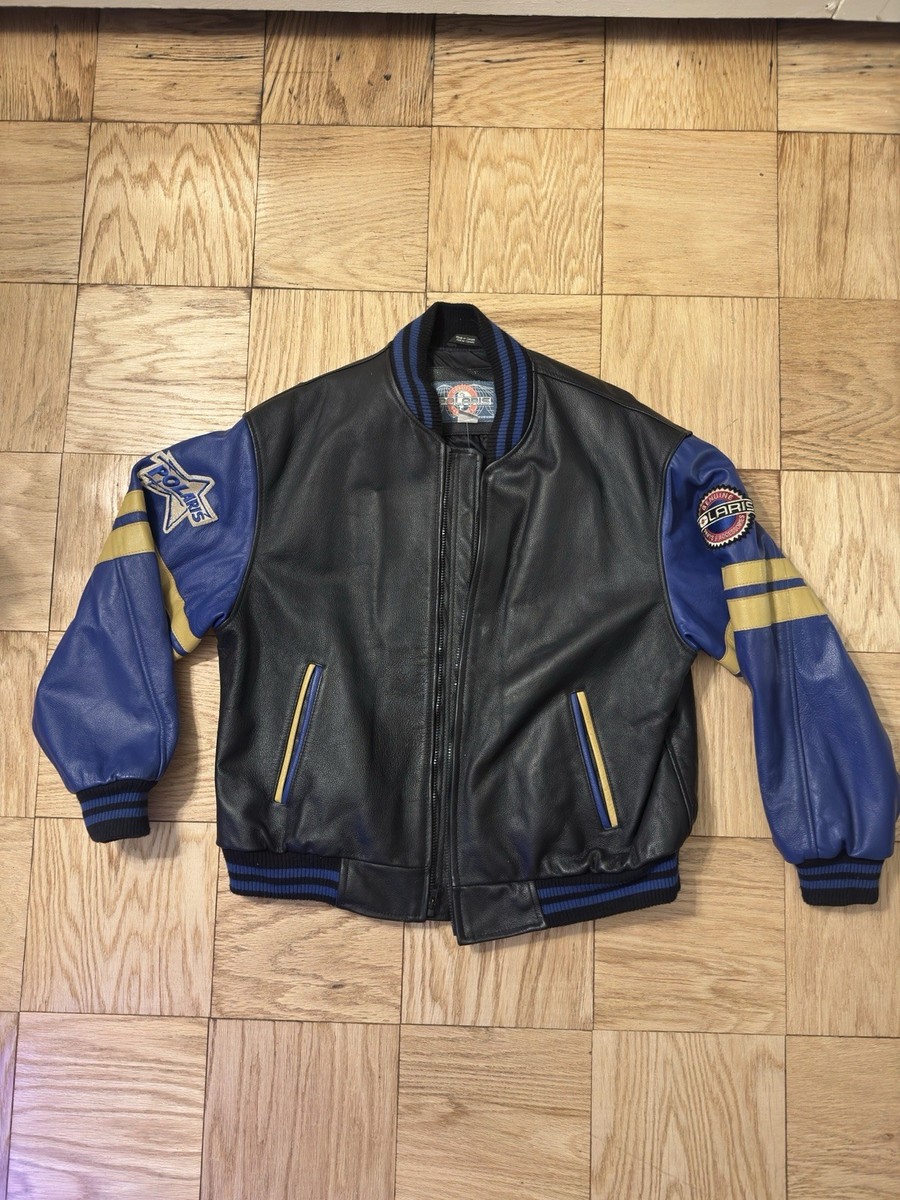VINTAGE 80S POLARIS LEATHER BOMBER JACKET MENS XL CHECKERED FLAGS