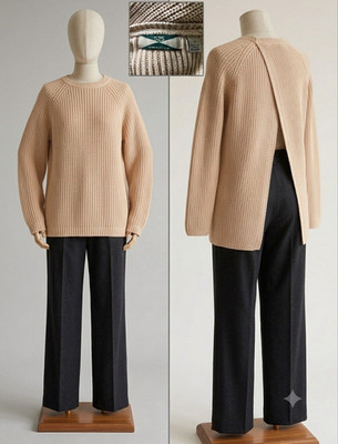 525 America Womens Small Beige Ribbed Knit Open Split Back Crewneck Sweater S 