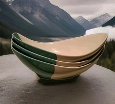 10 Strawberry Street Oblong Canoe White Turquoise Serving Bowls 9" x 5" Set Of 3